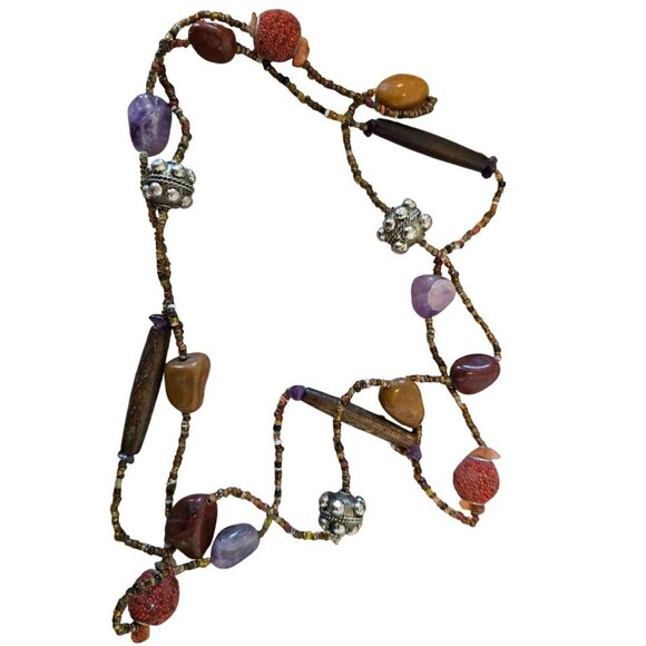 Boho Stone Beaded Earth Tone Necklace Manitee or Rope Length - Picture 1 of 10
